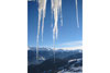 Icicles in front of snowy landscape.